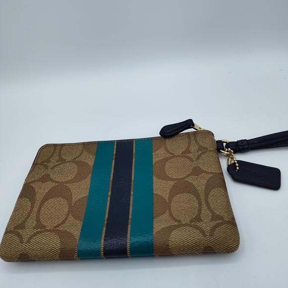 Coach Varsity Stripe Signature Canvas Corner Zip Wristlet Teal Navy Logo Pouch - Picture 3 of 4